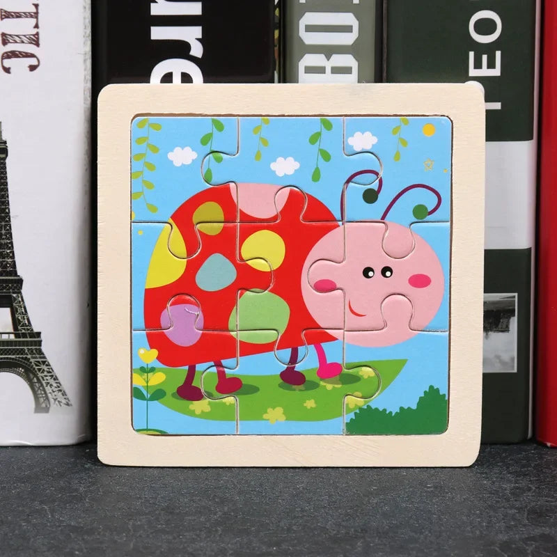 Vokmascot 9Pcs Mini Size Kids Toys Wooden 3D Jigsaw Puzzle for Children Baby Cartoon Animal Traffic Tangram Puzzles Educational
