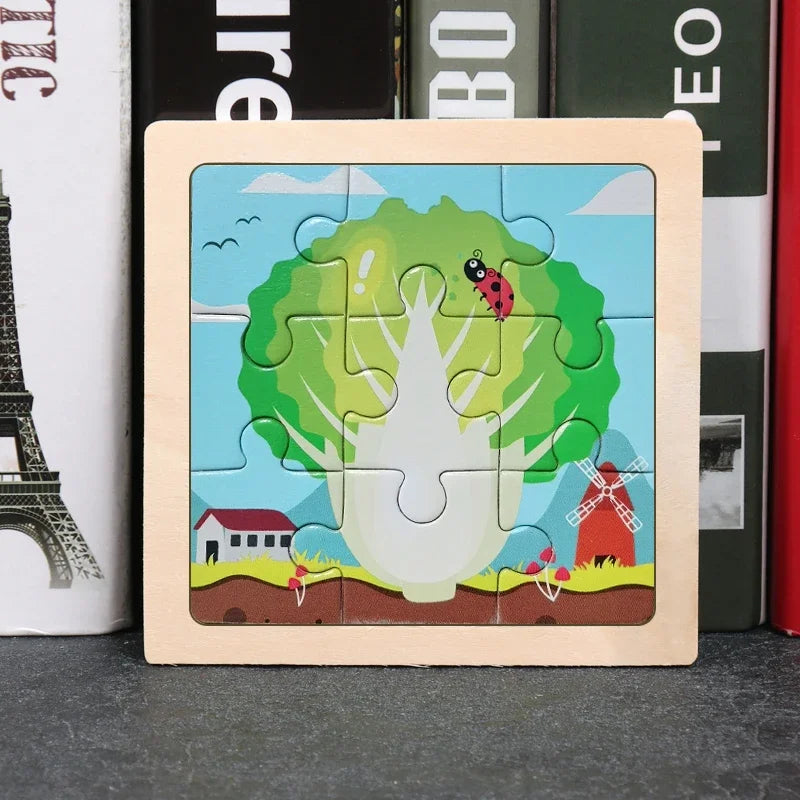 Vokmascot 9Pcs Mini Size Kids Toys Wooden 3D Jigsaw Puzzle for Children Baby Cartoon Animal Traffic Tangram Puzzles Educational