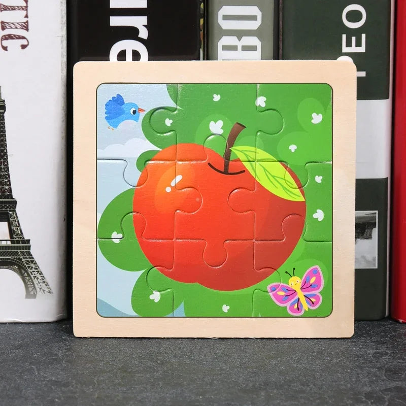 Vokmascot 9Pcs Mini Size Kids Toys Wooden 3D Jigsaw Puzzle for Children Baby Cartoon Animal Traffic Tangram Puzzles Educational