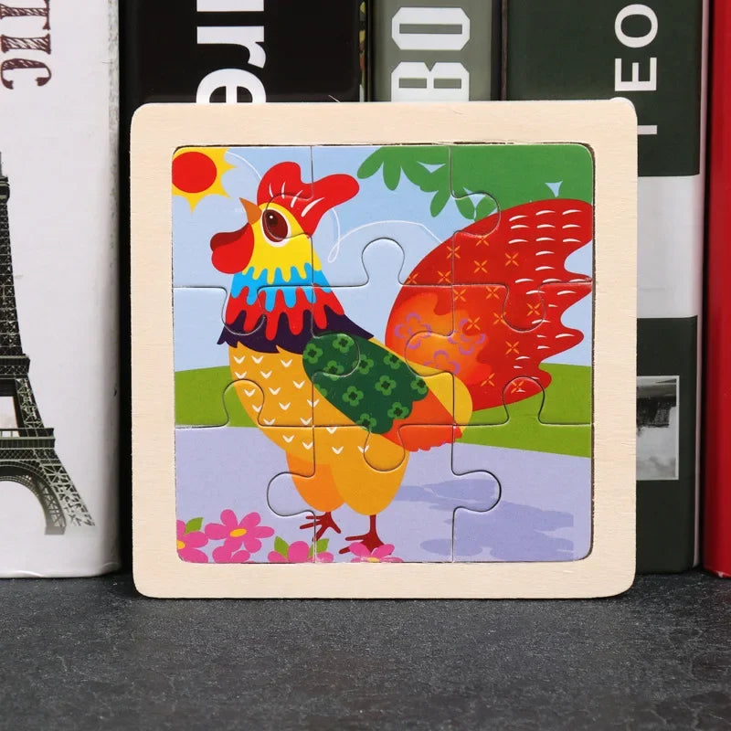 Vokmascot 9Pcs Mini Size Kids Toys Wooden 3D Jigsaw Puzzle for Children Baby Cartoon Animal Traffic Tangram Puzzles Educational