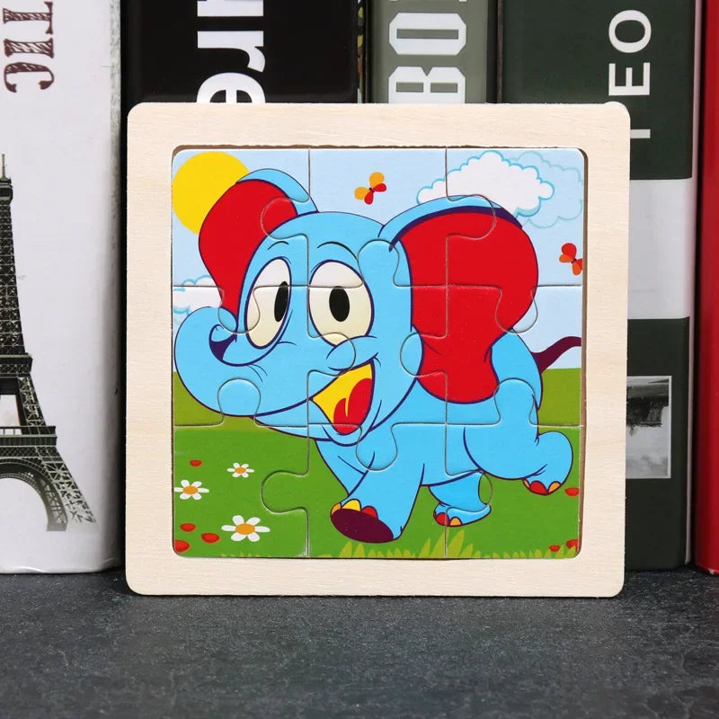 Vokmascot 9Pcs Mini Size Kids Toys Wooden 3D Jigsaw Puzzle for Children Baby Cartoon Animal Traffic Tangram Puzzles Educational