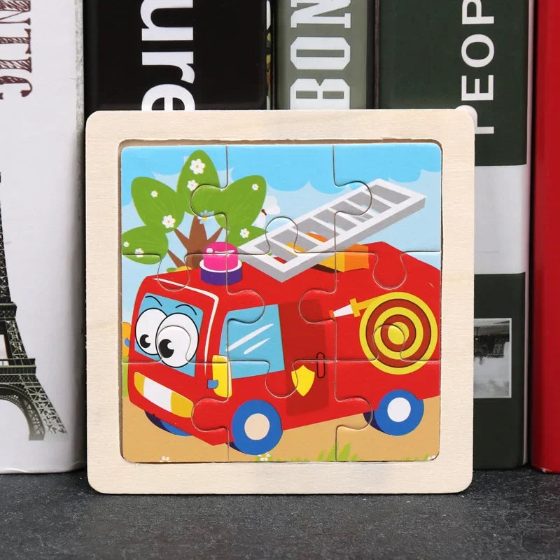 Vokmascot 9Pcs Mini Size Kids Toys Wooden 3D Jigsaw Puzzle for Children Baby Cartoon Animal Traffic Tangram Puzzles Educational