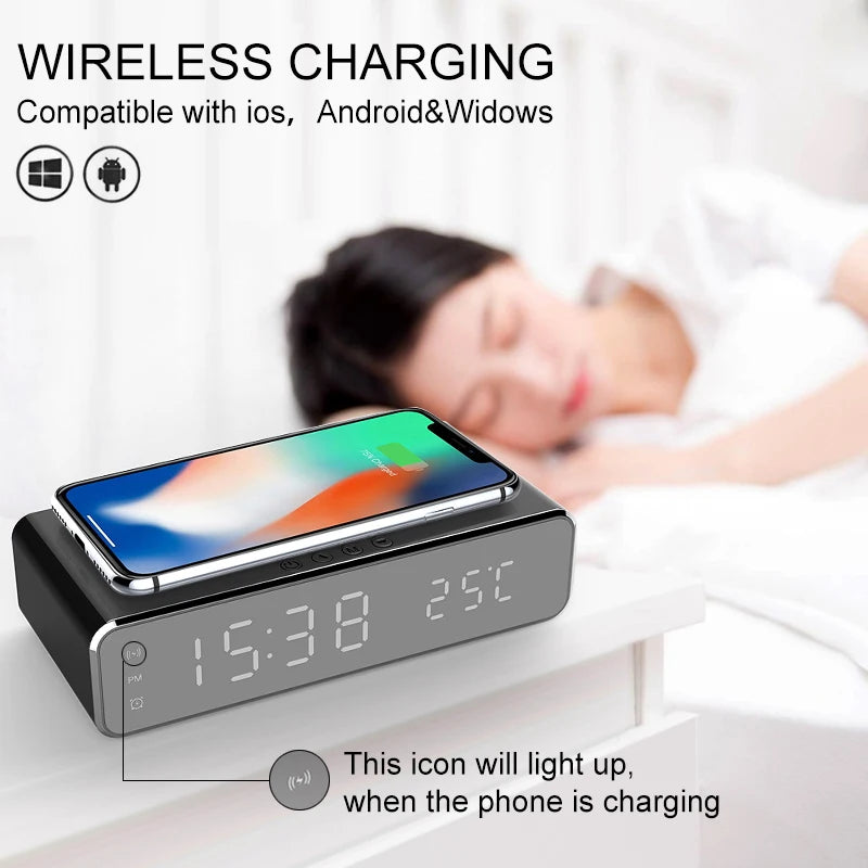 Wireless Charger Time Alarm Clock LED Digital Thermometer Earphone Phone Chargers Fast Charging Dock Station for Iphone Samsung