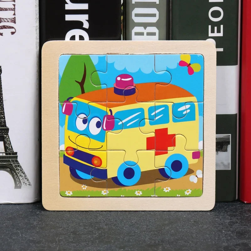 Vokmascot 9Pcs Mini Size Kids Toys Wooden 3D Jigsaw Puzzle for Children Baby Cartoon Animal Traffic Tangram Puzzles Educational