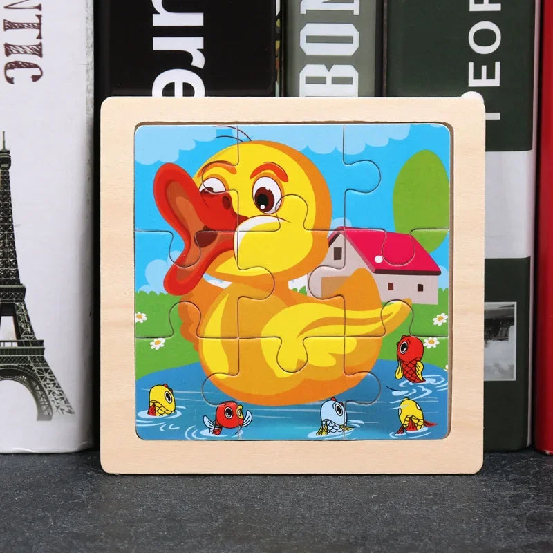 Vokmascot 9Pcs Mini Size Kids Toys Wooden 3D Jigsaw Puzzle for Children Baby Cartoon Animal Traffic Tangram Puzzles Educational