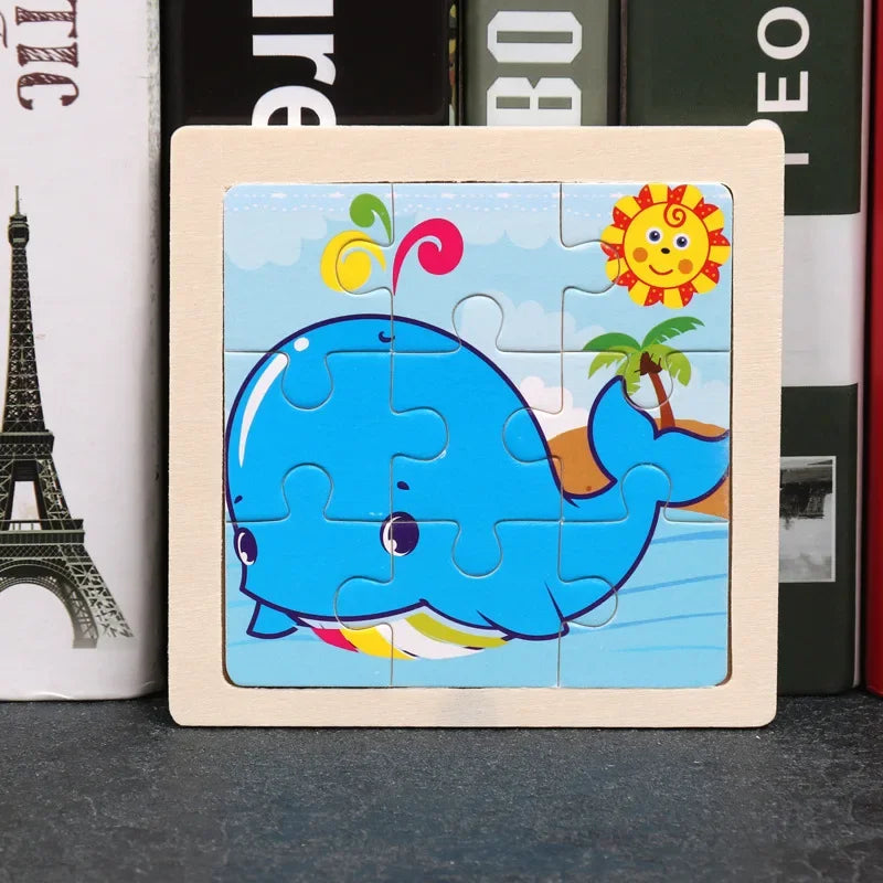 Vokmascot 9Pcs Mini Size Kids Toys Wooden 3D Jigsaw Puzzle for Children Baby Cartoon Animal Traffic Tangram Puzzles Educational
