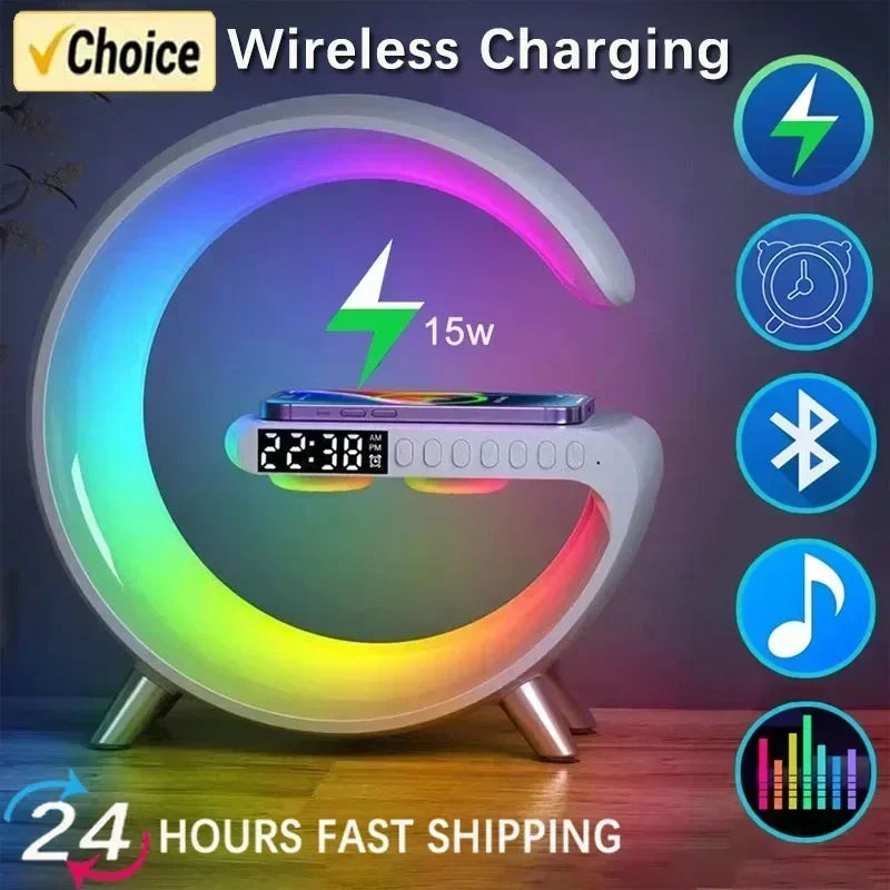 G63 Speaker Wireless Charger Phone Holder TF Card RGB Built-In Night Light Alarm Clock Iphone Xiaomi Samsung Fast Charging Dock