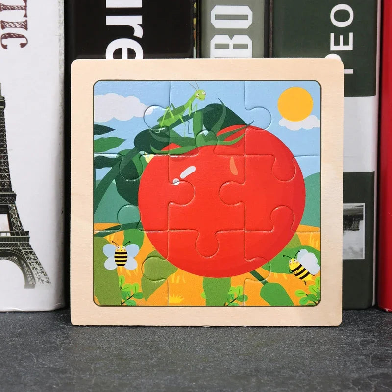 Vokmascot 9Pcs Mini Size Kids Toys Wooden 3D Jigsaw Puzzle for Children Baby Cartoon Animal Traffic Tangram Puzzles Educational