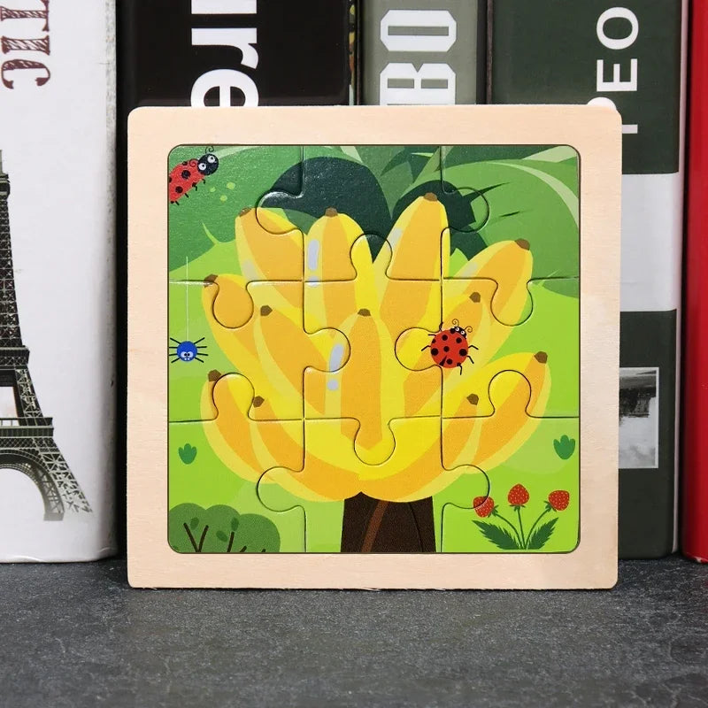 Vokmascot 9Pcs Mini Size Kids Toys Wooden 3D Jigsaw Puzzle for Children Baby Cartoon Animal Traffic Tangram Puzzles Educational