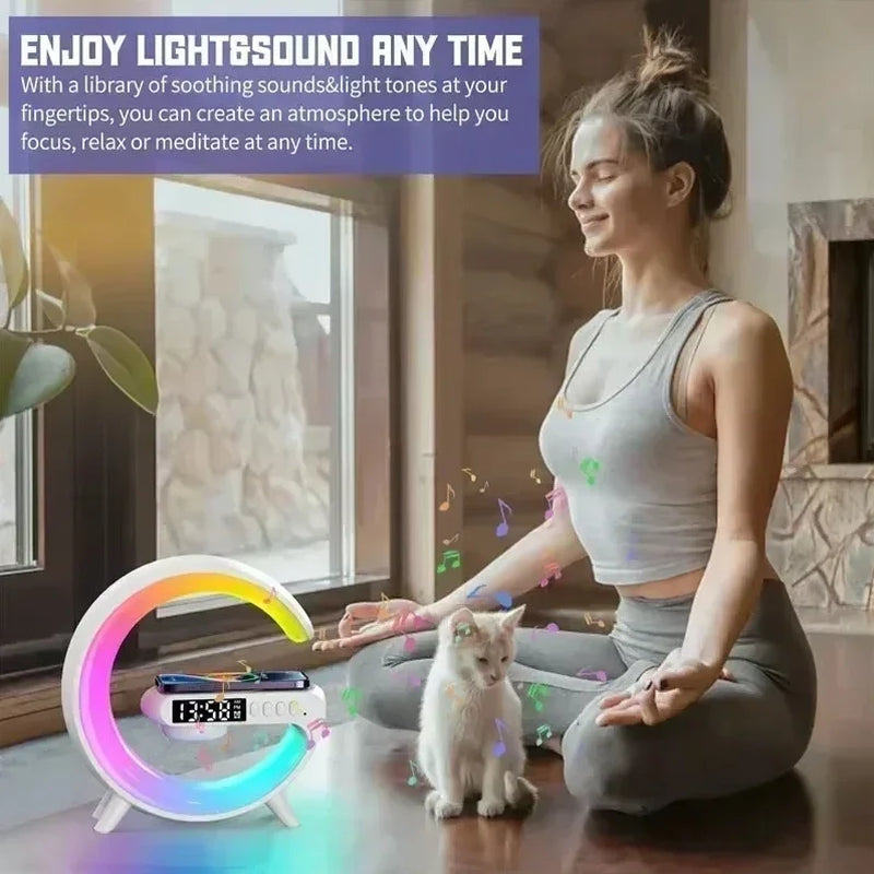 G63 Speaker Wireless Charger Phone Holder TF Card RGB Built-In Night Light Alarm Clock Iphone Xiaomi Samsung Fast Charging Dock