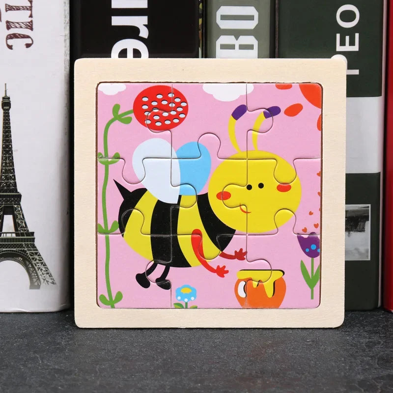 Vokmascot 9Pcs Mini Size Kids Toys Wooden 3D Jigsaw Puzzle for Children Baby Cartoon Animal Traffic Tangram Puzzles Educational