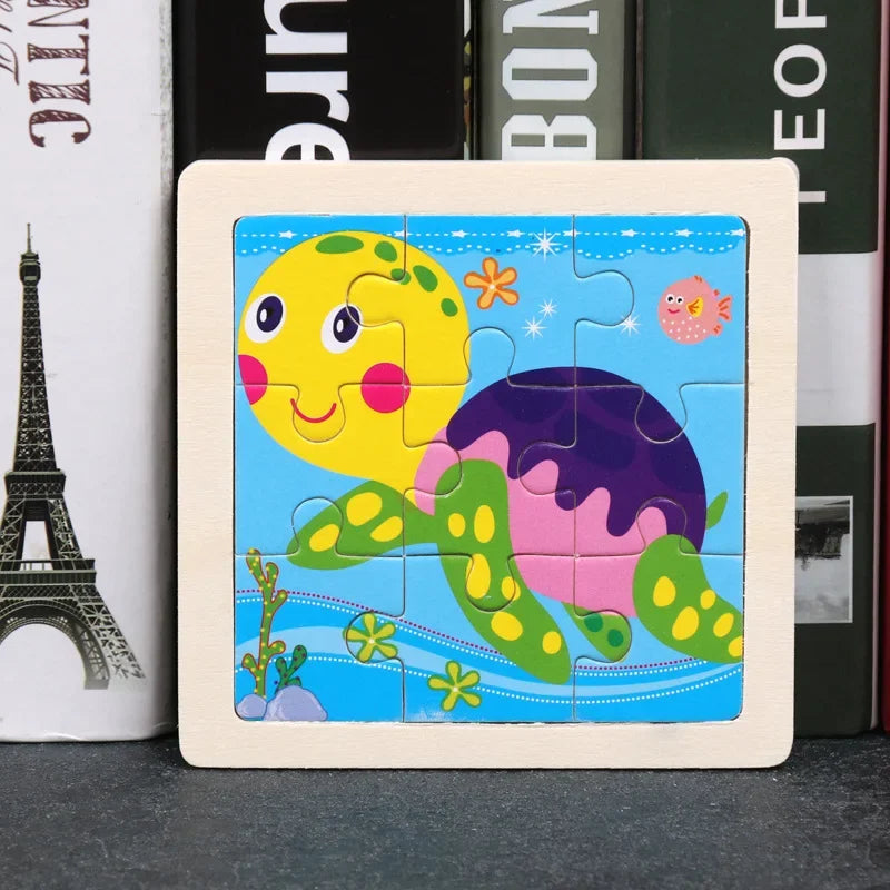 Vokmascot 9Pcs Mini Size Kids Toys Wooden 3D Jigsaw Puzzle for Children Baby Cartoon Animal Traffic Tangram Puzzles Educational