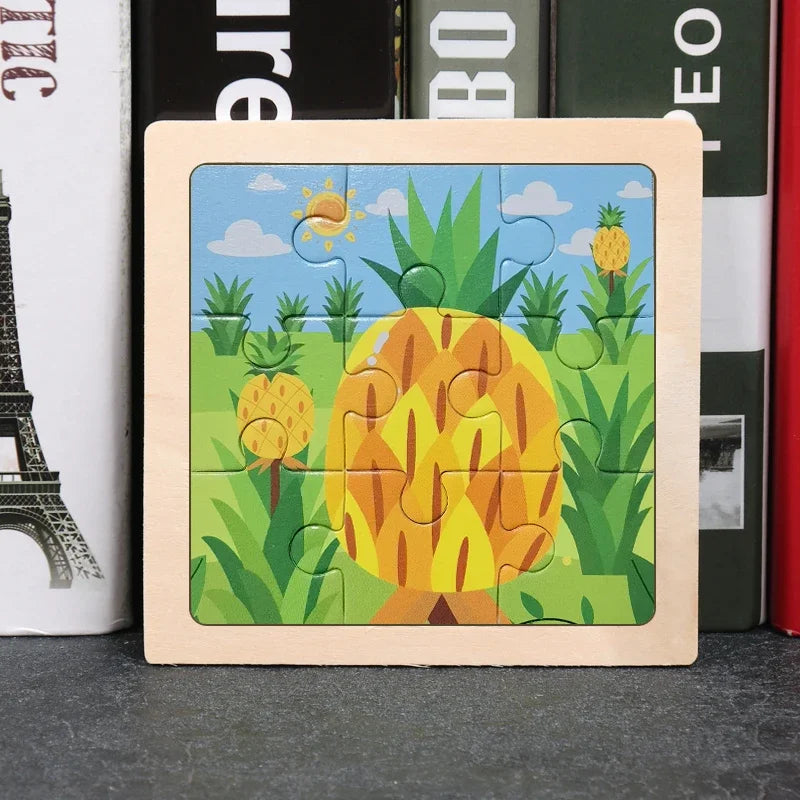 Vokmascot 9Pcs Mini Size Kids Toys Wooden 3D Jigsaw Puzzle for Children Baby Cartoon Animal Traffic Tangram Puzzles Educational