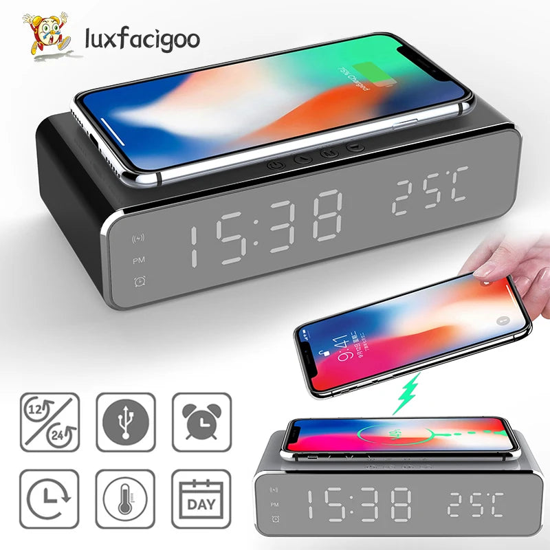 Wireless Charger Time Alarm Clock LED Digital Thermometer Earphone Phone Chargers Fast Charging Dock Station for Iphone Samsung