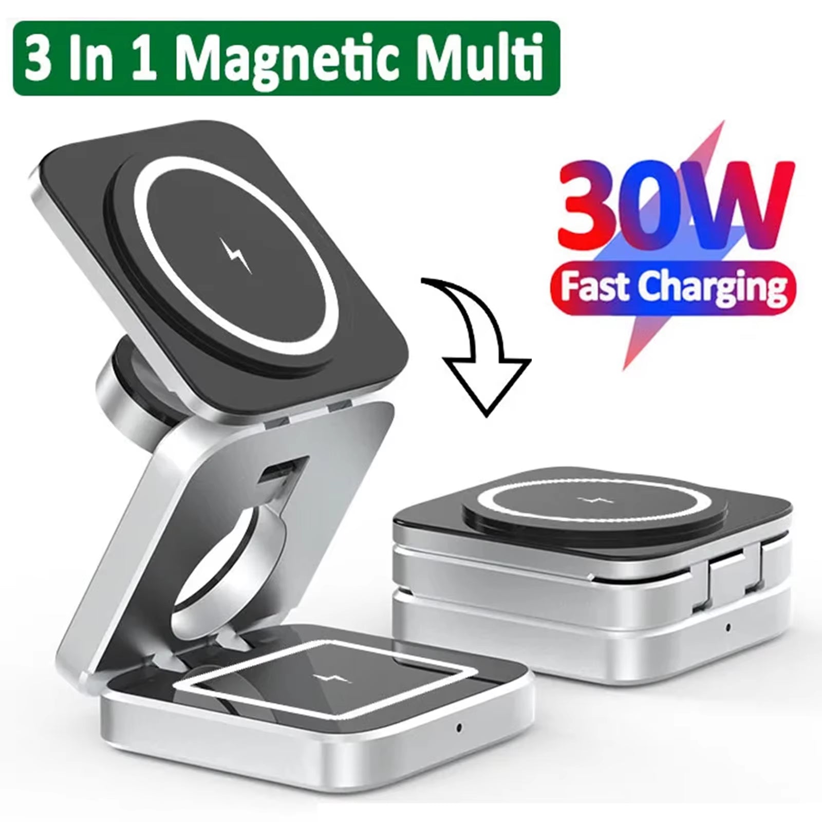 30W 3-in-1 Magnetic Wireless Charger Stand - Fast Charging Dock for iPhone 15/14/13/12 Pro Max, AirPods Pro, and Apple Watch Series 8/7/6