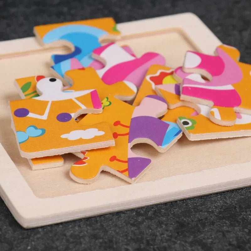 Vokmascot 9Pcs Mini Size Kids Toys Wooden 3D Jigsaw Puzzle for Children Baby Cartoon Animal Traffic Tangram Puzzles Educational