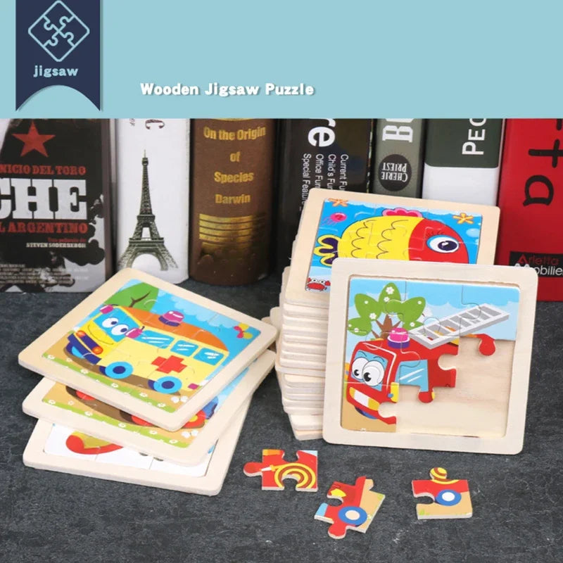 Vokmascot 9Pcs Mini Size Kids Toys Wooden 3D Jigsaw Puzzle for Children Baby Cartoon Animal Traffic Tangram Puzzles Educational