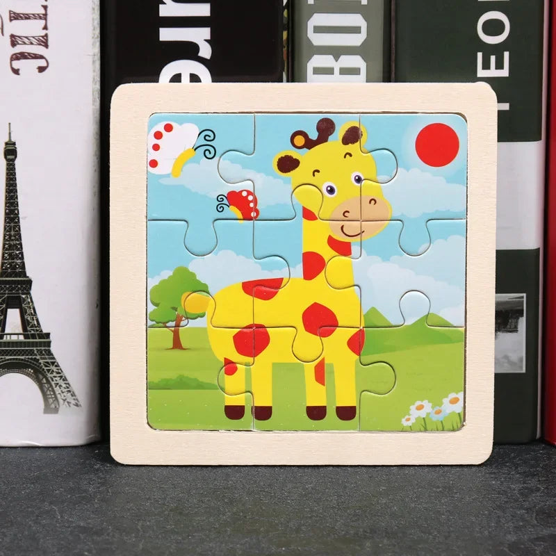 Vokmascot 9Pcs Mini Size Kids Toys Wooden 3D Jigsaw Puzzle for Children Baby Cartoon Animal Traffic Tangram Puzzles Educational
