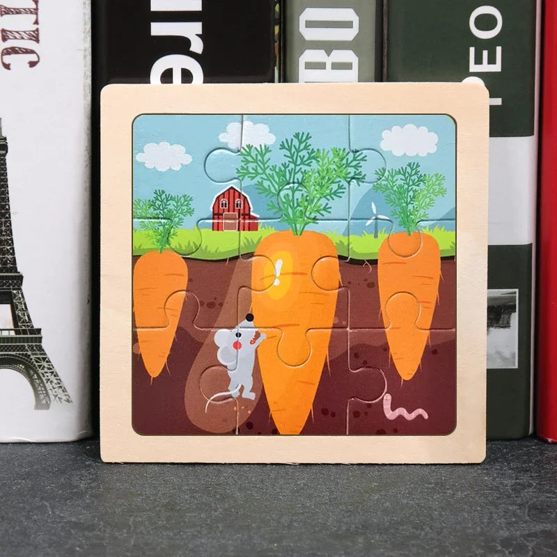 Vokmascot 9Pcs Mini Size Kids Toys Wooden 3D Jigsaw Puzzle for Children Baby Cartoon Animal Traffic Tangram Puzzles Educational