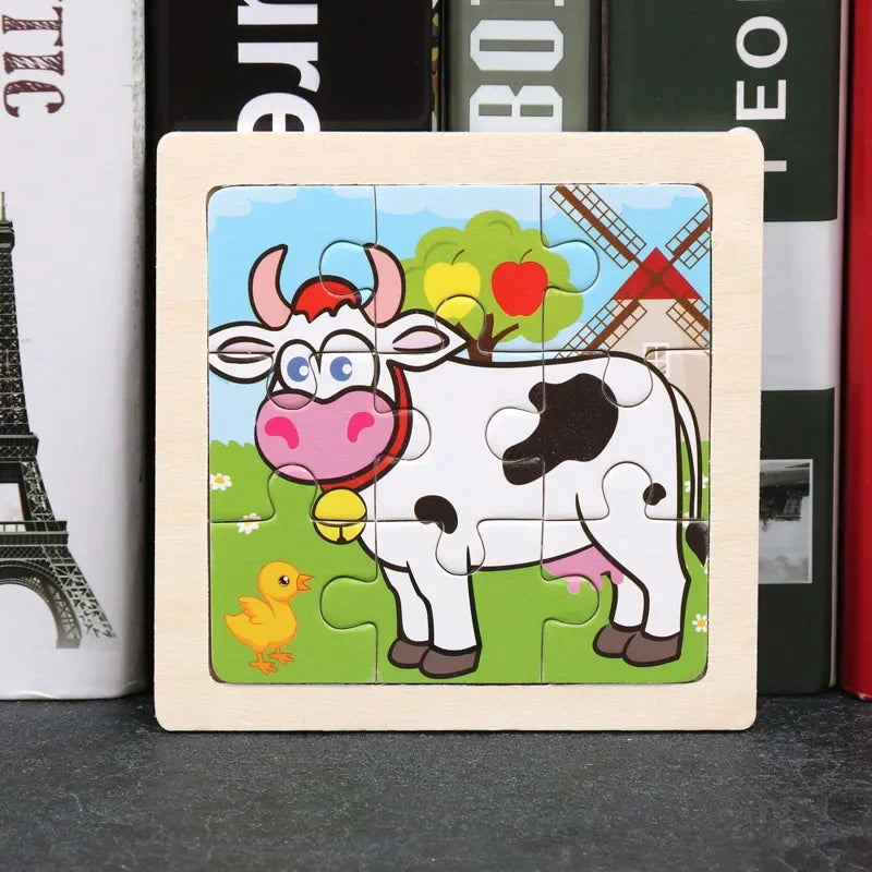 Vokmascot 9Pcs Mini Size Kids Toys Wooden 3D Jigsaw Puzzle for Children Baby Cartoon Animal Traffic Tangram Puzzles Educational