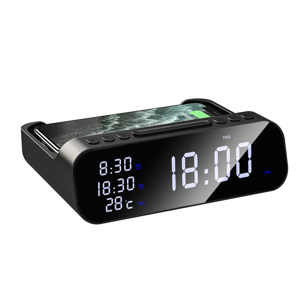 Wireless Charger Time Alarm Clock LED Digital Thermometer Earphone Phone Chargers Fast Charging Dock Station for Iphone Samsung