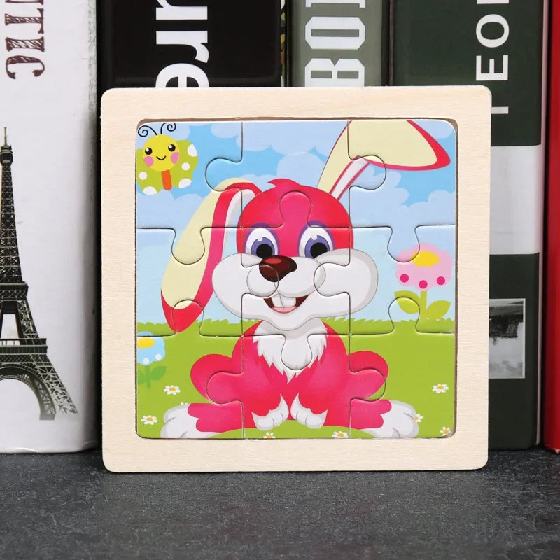 Vokmascot 9Pcs Mini Size Kids Toys Wooden 3D Jigsaw Puzzle for Children Baby Cartoon Animal Traffic Tangram Puzzles Educational
