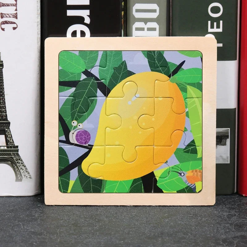 Vokmascot 9Pcs Mini Size Kids Toys Wooden 3D Jigsaw Puzzle for Children Baby Cartoon Animal Traffic Tangram Puzzles Educational