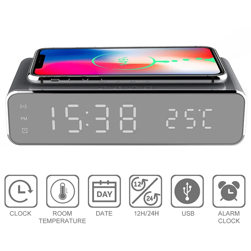 Wireless Charger Time Alarm Clock LED Digital Thermometer Earphone Phone Chargers Fast Charging Dock Station for Iphone Samsung