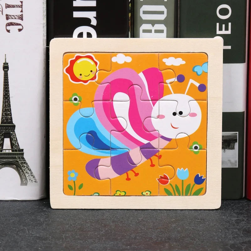 Vokmascot 9Pcs Mini Size Kids Toys Wooden 3D Jigsaw Puzzle for Children Baby Cartoon Animal Traffic Tangram Puzzles Educational