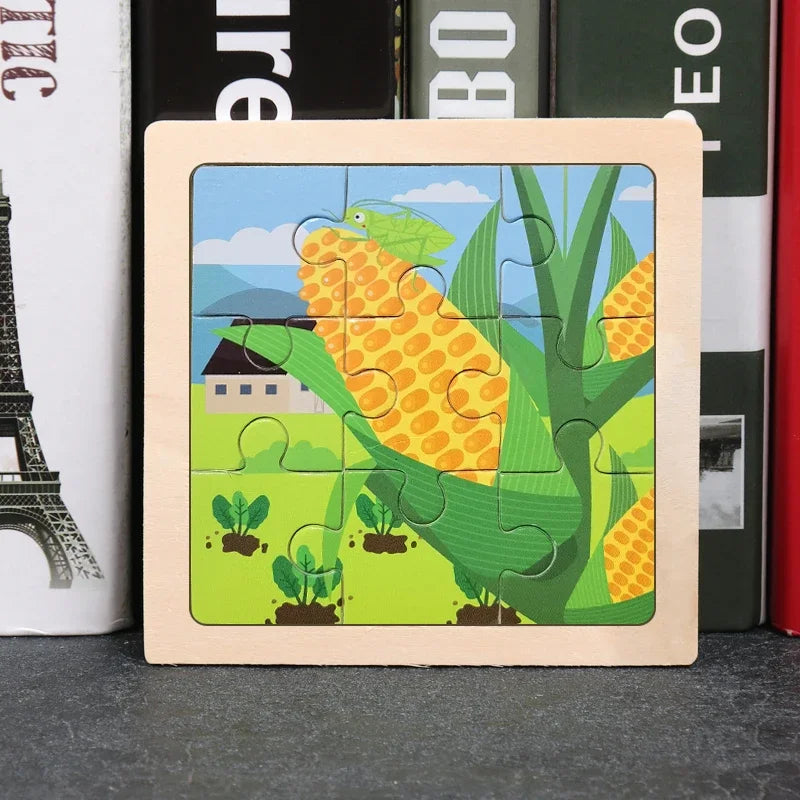 Vokmascot 9Pcs Mini Size Kids Toys Wooden 3D Jigsaw Puzzle for Children Baby Cartoon Animal Traffic Tangram Puzzles Educational