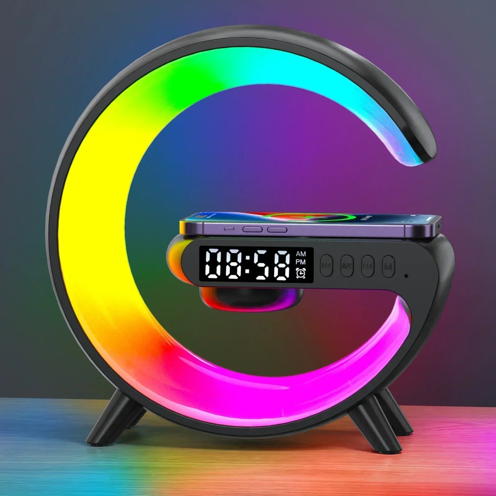 G63 Speaker Wireless Charger Phone Holder TF Card RGB Built-In Night Light Alarm Clock Iphone Xiaomi Samsung Fast Charging Dock