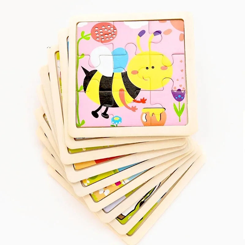 Vokmascot 9Pcs Mini Size Kids Toys Wooden 3D Jigsaw Puzzle for Children Baby Cartoon Animal Traffic Tangram Puzzles Educational