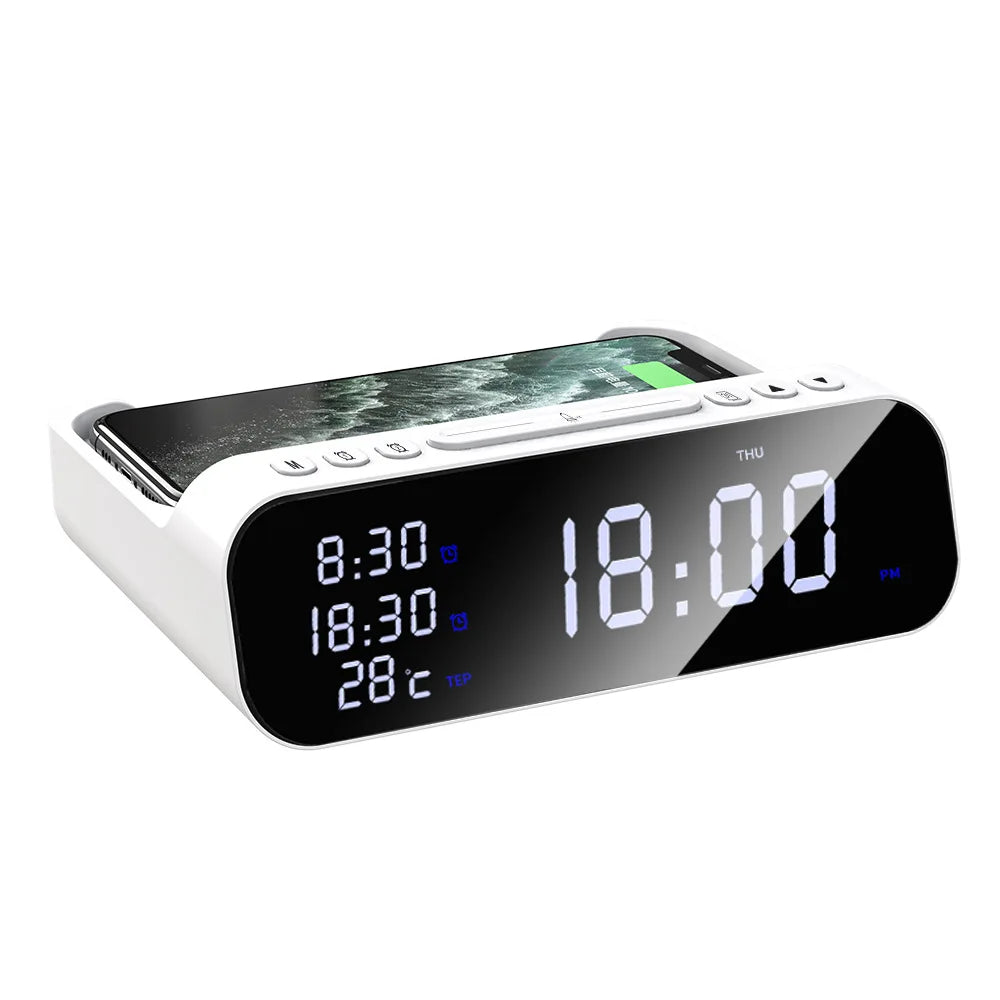 Wireless Charger Time Alarm Clock LED Digital Thermometer Earphone Phone Chargers Fast Charging Dock Station for Iphone Samsung