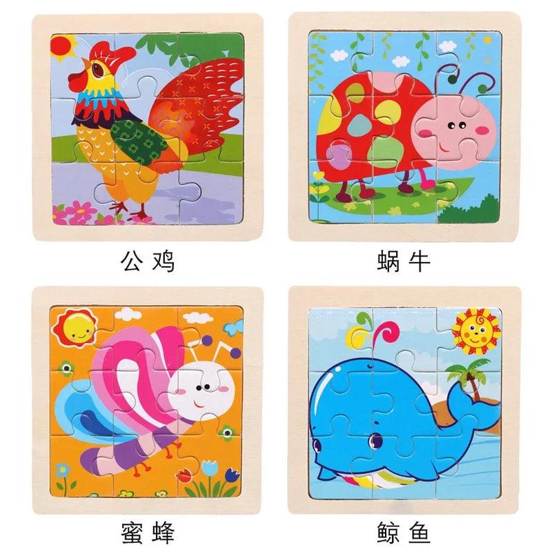 Vokmascot 9Pcs Mini Size Kids Toys Wooden 3D Jigsaw Puzzle for Children Baby Cartoon Animal Traffic Tangram Puzzles Educational
