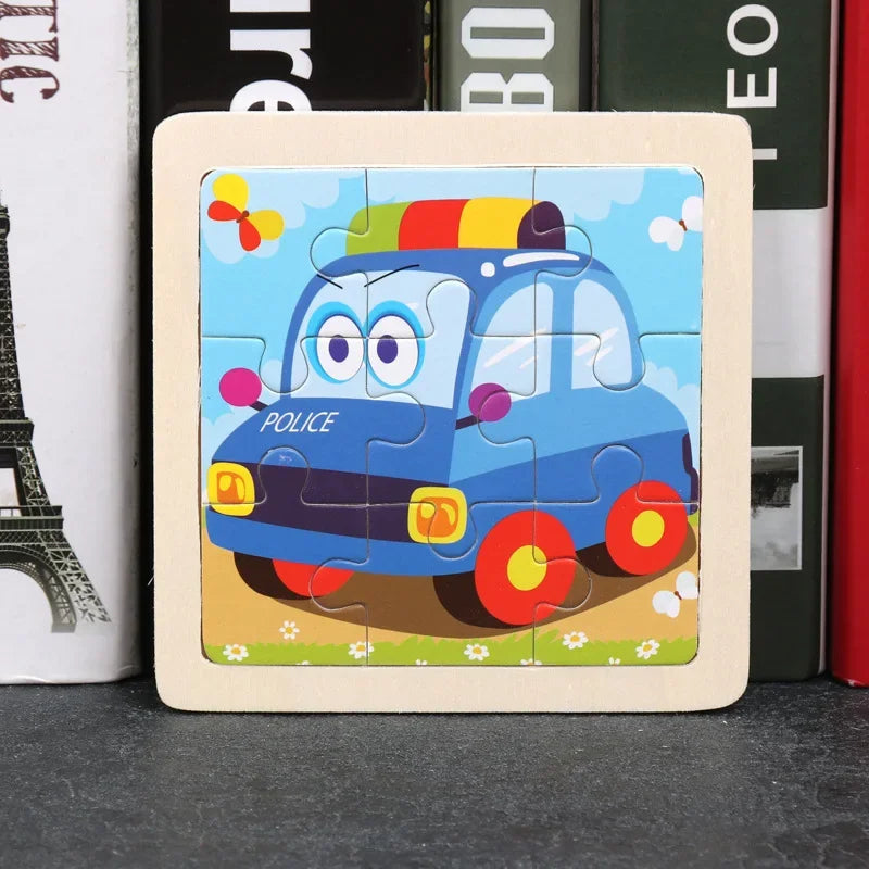 Vokmascot 9Pcs Mini Size Kids Toys Wooden 3D Jigsaw Puzzle for Children Baby Cartoon Animal Traffic Tangram Puzzles Educational