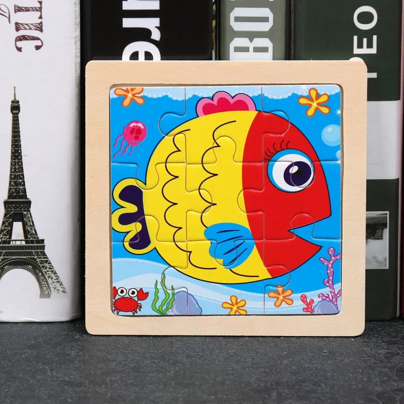 Vokmascot 9Pcs Mini Size Kids Toys Wooden 3D Jigsaw Puzzle for Children Baby Cartoon Animal Traffic Tangram Puzzles Educational