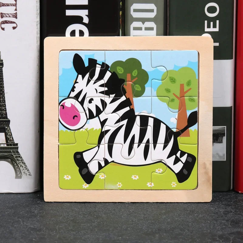 Vokmascot 9Pcs Mini Size Kids Toys Wooden 3D Jigsaw Puzzle for Children Baby Cartoon Animal Traffic Tangram Puzzles Educational