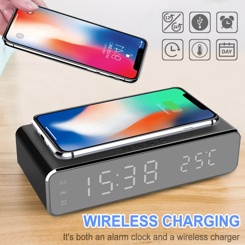 Wireless Charger Time Alarm Clock LED Digital Thermometer Earphone Phone Chargers Fast Charging Dock Station for Iphone Samsung