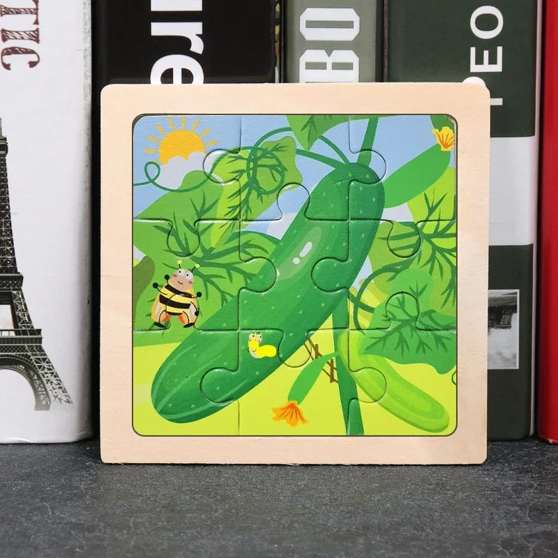 Vokmascot 9Pcs Mini Size Kids Toys Wooden 3D Jigsaw Puzzle for Children Baby Cartoon Animal Traffic Tangram Puzzles Educational