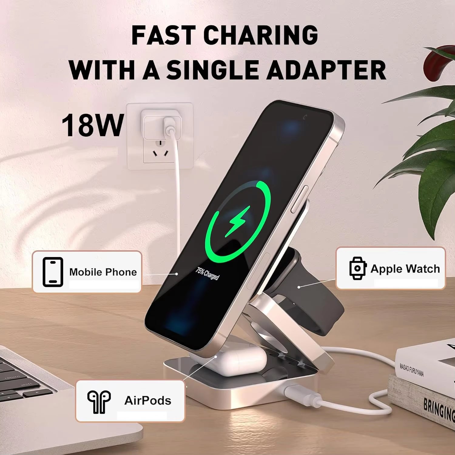 30W 3-in-1 Magnetic Wireless Charger Stand - Fast Charging Dock for iPhone 15/14/13/12 Pro Max, AirPods Pro, and Apple Watch Series 8/7/6
