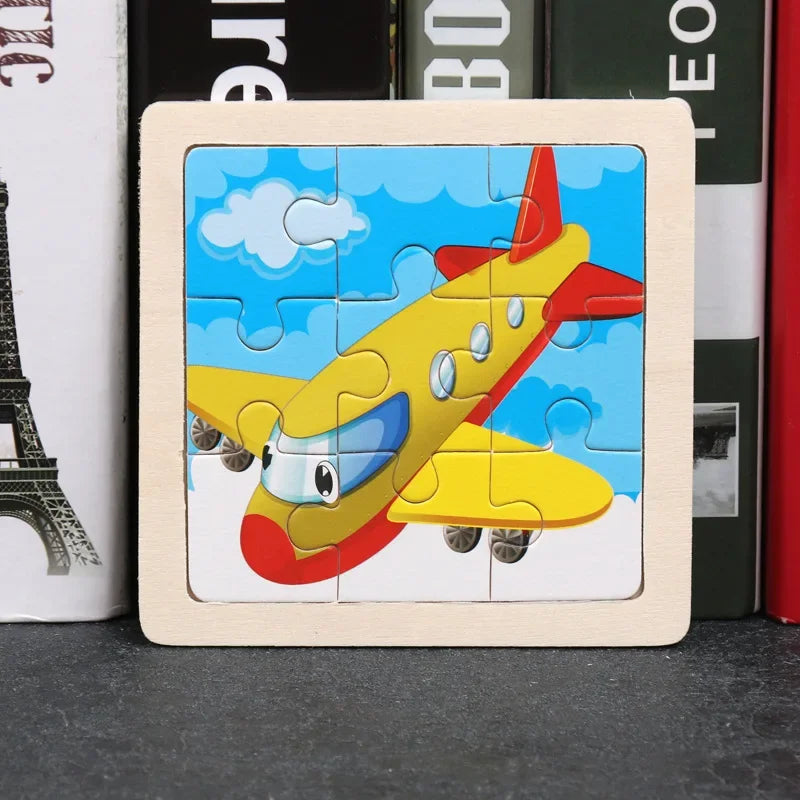 Vokmascot 9Pcs Mini Size Kids Toys Wooden 3D Jigsaw Puzzle for Children Baby Cartoon Animal Traffic Tangram Puzzles Educational